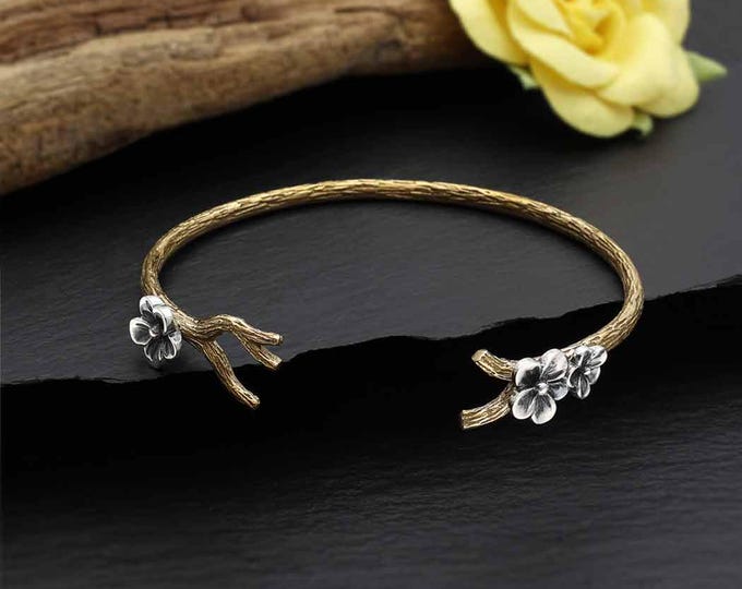 Bronze Branch Bracelet with Silver Blossoms 52x62mm