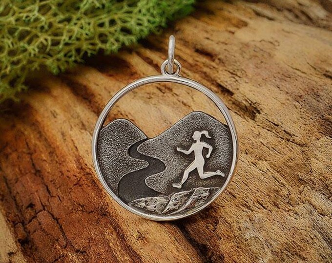 Sterling Silver Trail Running Girl Charm 25x19mm