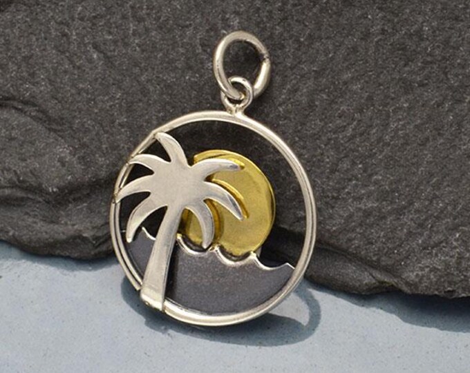Silver Palm Tree and Ocean Charm with Bronze Sun 22x15mm