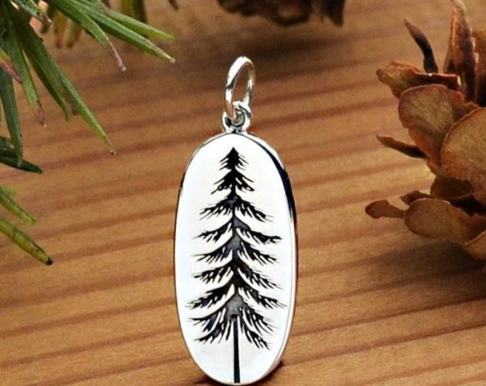 Sterling Silver Pine Tree Charm Etched on an Oval 26x10mm