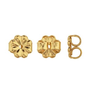 May include: Three gold-colored earring backs are displayed against a white background. Two are shown from the front, and one from the side. The backs have a flower-like shape with a central hole and a post-securing loop.