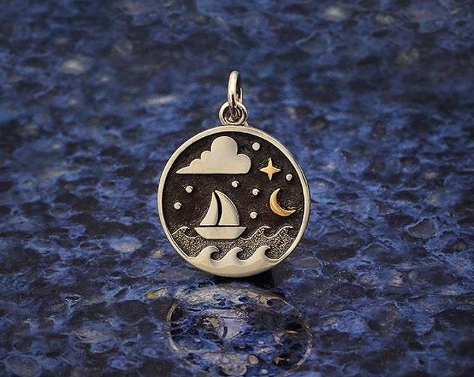 Silver Sailboat Charm with Bronze Star and Moon 21x15mm