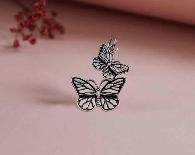 Sterling Silver Dimensional Flying Butterflies Charm 25x15mm