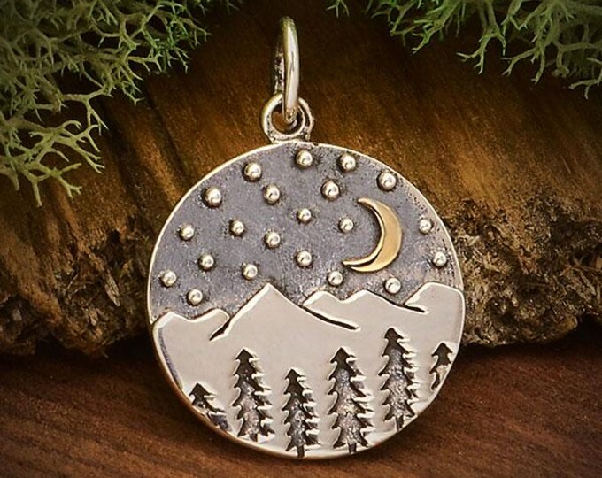 Silver Mountain Charm with Trees and Bronze Moon 21x15mm