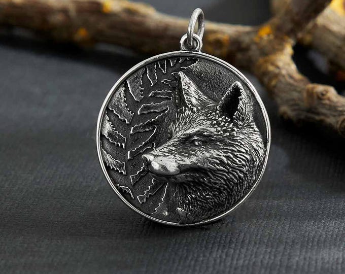 Sterling Silver Fox and Fern Pendant 28x22mm