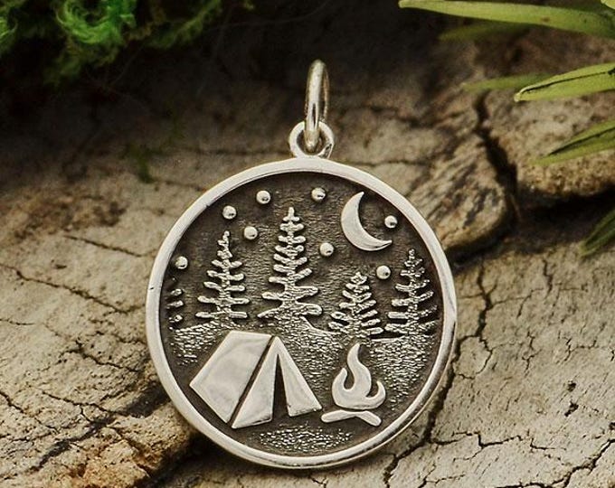 Sterling Silver Camping Charm with Tent and Trees 21x15mm