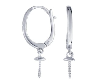 Earring setting, lever-back ear wire with cup and peg, sterling silver rhodium-plated, 1 pair