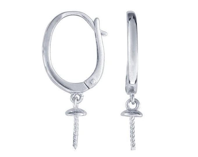 Earring setting, lever-back ear wire with cup and peg, sterling silver rhodium-plated, 1 pair