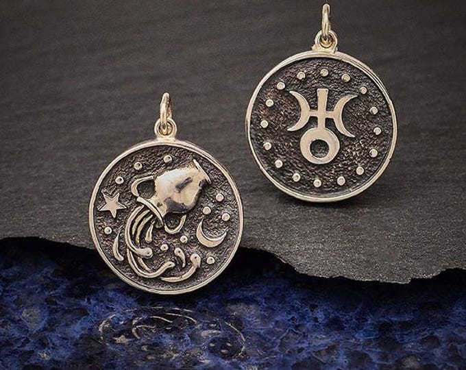 Sterling Silver Astrology Aquarius Pendant 24x18mm