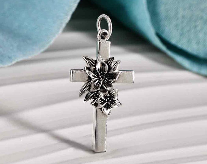 Sterling Silver Cross with Lily Flowers Charm 29x14mm