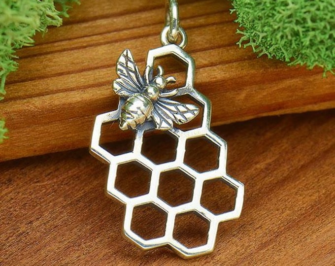 Sterling Silver Honey Bee Charm with Honeycomb 23x11mm