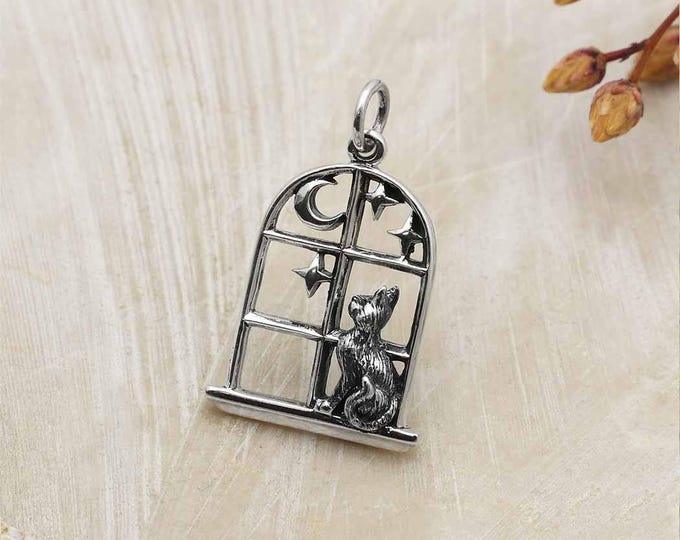Sterling Silver Cat in the Window Charm 25x16mm