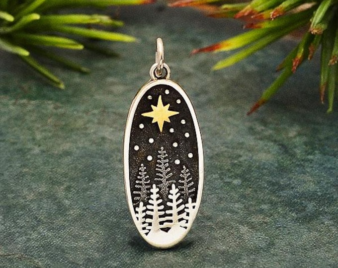 Sterling Silver Pine Tree Charm with Bronze Star 28x10mm