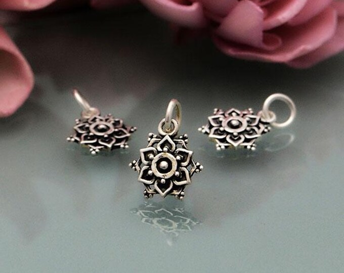Sterling Silver Lotus Mandala Charm with Granulation 15x10mm
