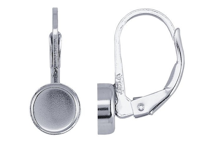 Sterling silver lever-back ear wire mounting with a round bezel, sold in pairs