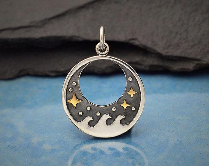 Sterling Silver Wave Charm with Bronze Stars 23x17mmSterling Silver Wave Charm with Bronze Stars 23x17mm