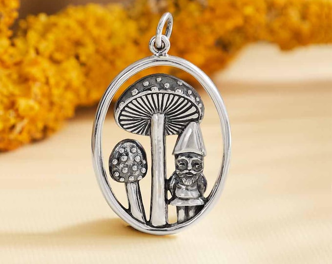 Sterling Silver Mushroom and Gnome Pendant 31x19mm
