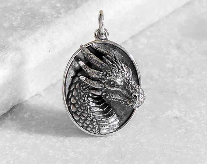 Sterling Silver Oval Dragon Pendant 25x16mm