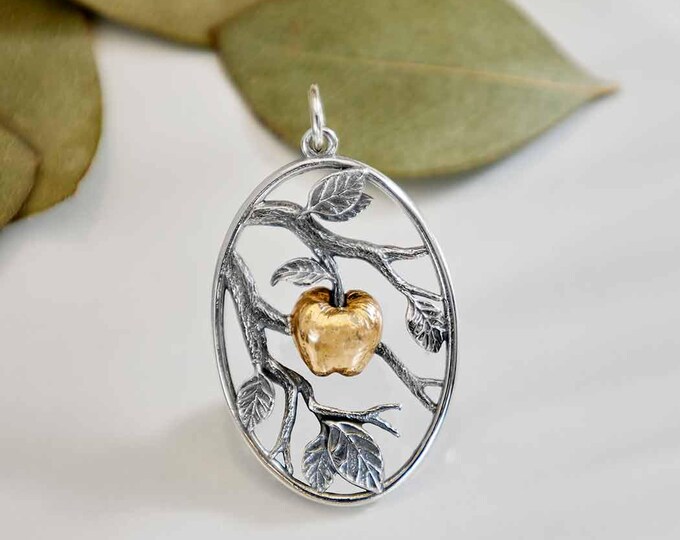 Sterling Silver Leaf Pendant with Bronze Apple 34x19mm