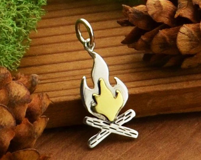 Sterling Silver Campfire Charm with Bronze Flames 22x9mm