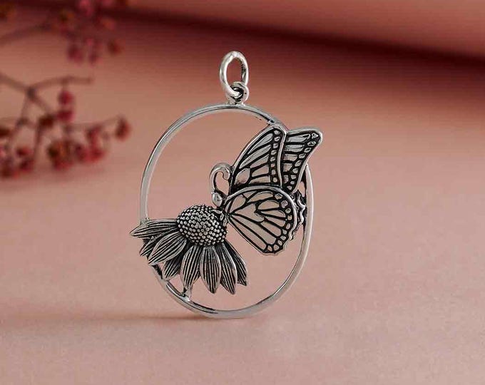Sterling Silver Butterfly on Flower Pendant 31x21mm