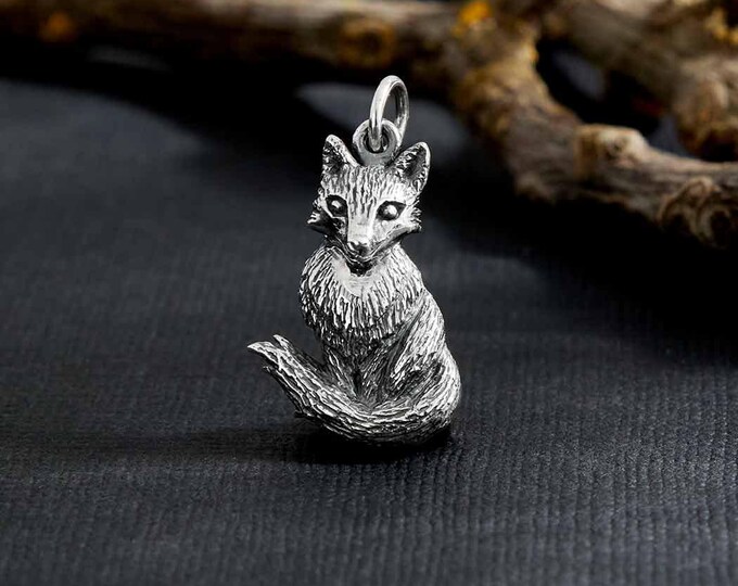 Sterling Silver Dimensional Sitting Fox Charm 23x12mm