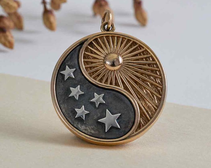 Mixed Metal Yin Yang Sun and Stars Pendant 30x24mm