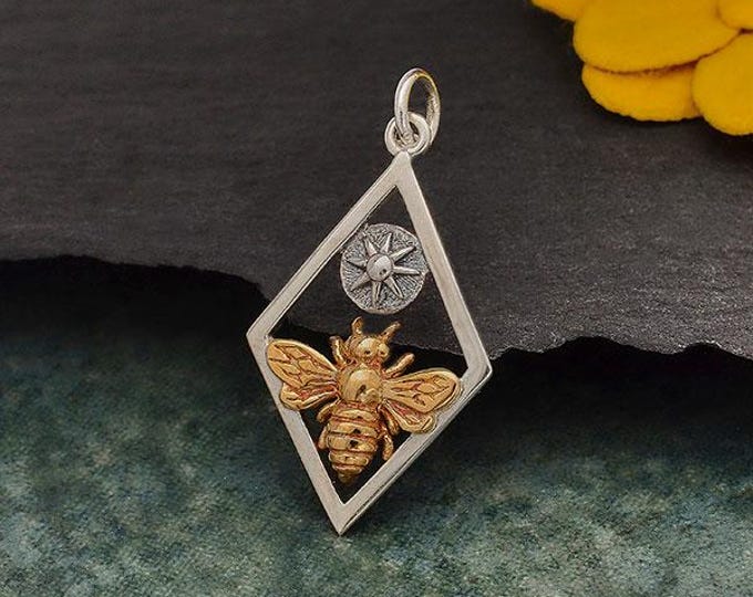 Bronze Bee Charm with Sun in Silver Diamond Frame 28x15mm