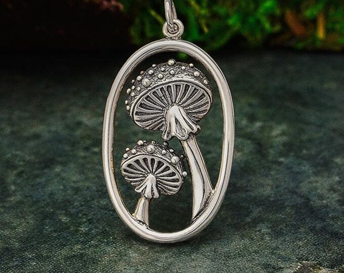 Sterling Silver Agaric Mushrooms Pendant in Oval 33x17mm
