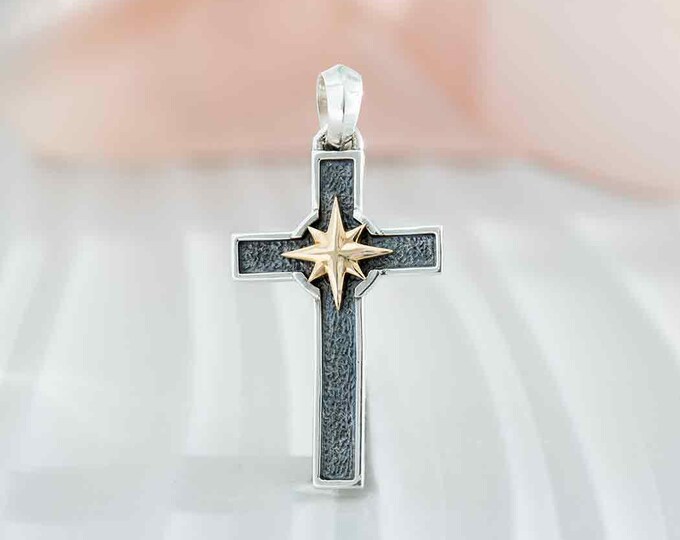 Sterling Silver Cross with Bronze Compass Pendant 33x16mm