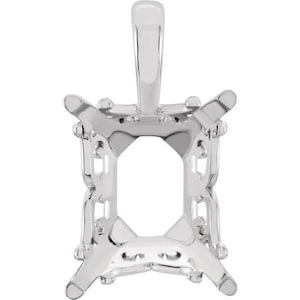 May include: Silver pendant setting with a square, emerald-cut gemstone setting. The setting has a delicate, detailed design with a bail at the top for attaching a chain.