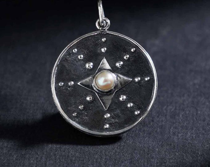 Sterling Silver North Star Pendant with Pearl 25x18mm