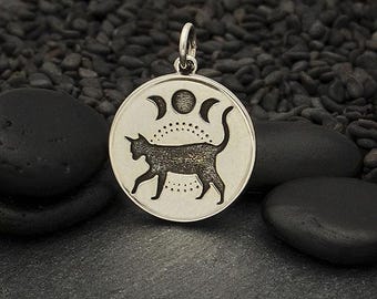 Sterling Silver Black Cat Charm with Moon Phases
