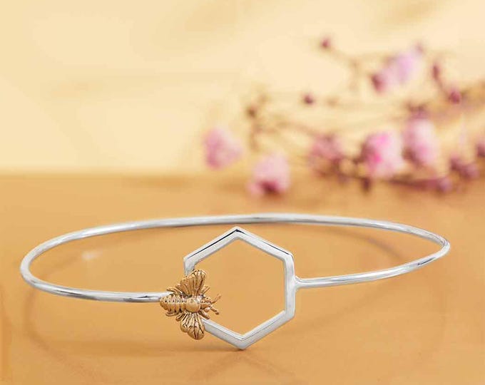 Mixed Metal Hook and Eye Bracelet with Hexagon and Bee