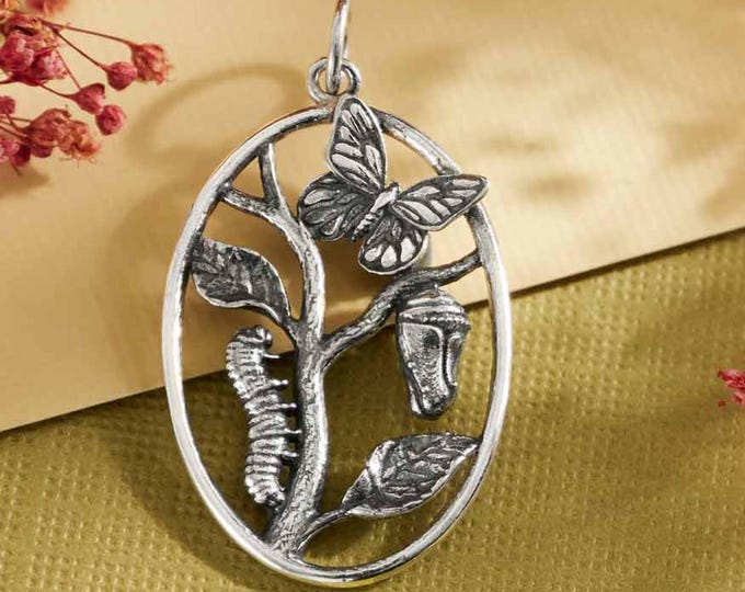 Sterling Silver Butterfly Metamorphosis Pendant 32x18mm