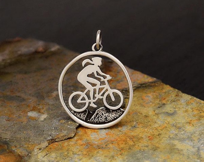 Sterling Silver Mountain Biker Girl Charm 26x20mm