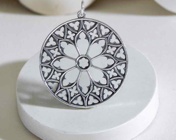 Sterling Silver Cathedral Rose Window Pendant 36x30mm