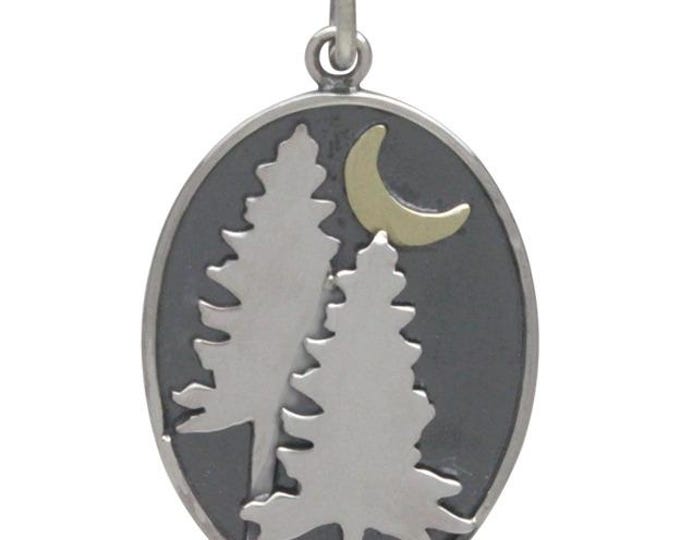 Sterling Silver Pine Tree Charm with Bronze Moon 26x15mm