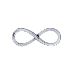May include: A silver-coloured infinity symbol, a figure eight on its side, against a white background. The metal has a slightly textured appearance. The symbol represents eternity and endless possibilities.