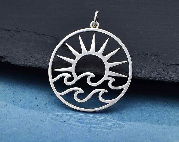 Sterling Silver Openwork Sun Pendant with Waves 30x25mm