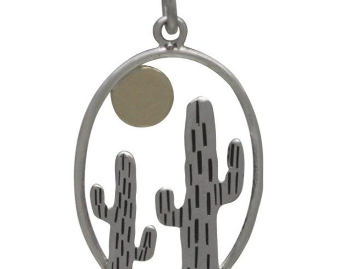 Sterling Silver Oval Cactus Pendant with Bronze Sun 27x15mm