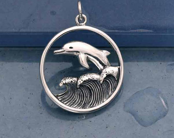 Sterling Silver Dolphin Jumpring in Waves Pendant 26x20mm