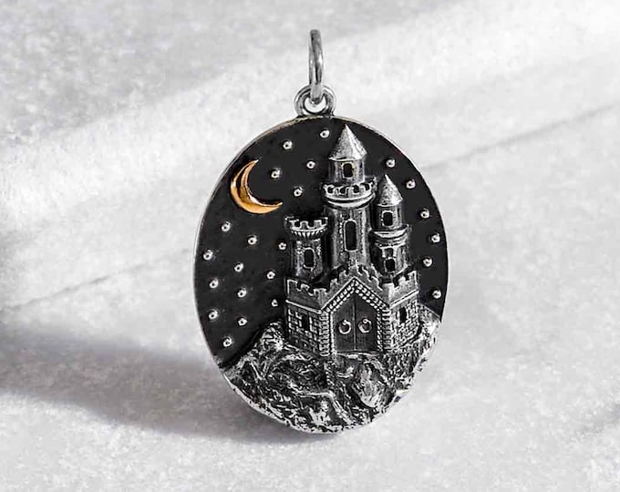 Sterling Silver Castle with Bronze Moon Charm 28x18mm