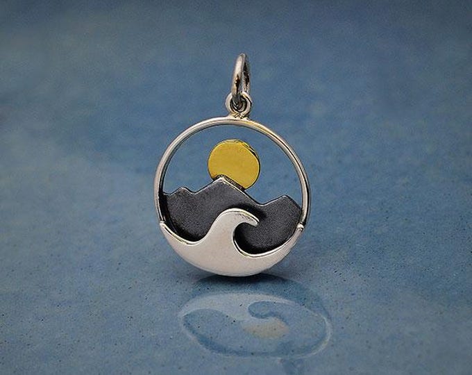 Silver Mountain and Ocean Charm with Bronze Sun 21x15mm
