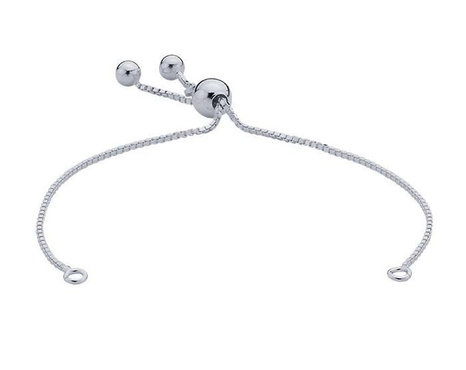 Sterling silver 1mm box chain bracelet component with rings, adjustable