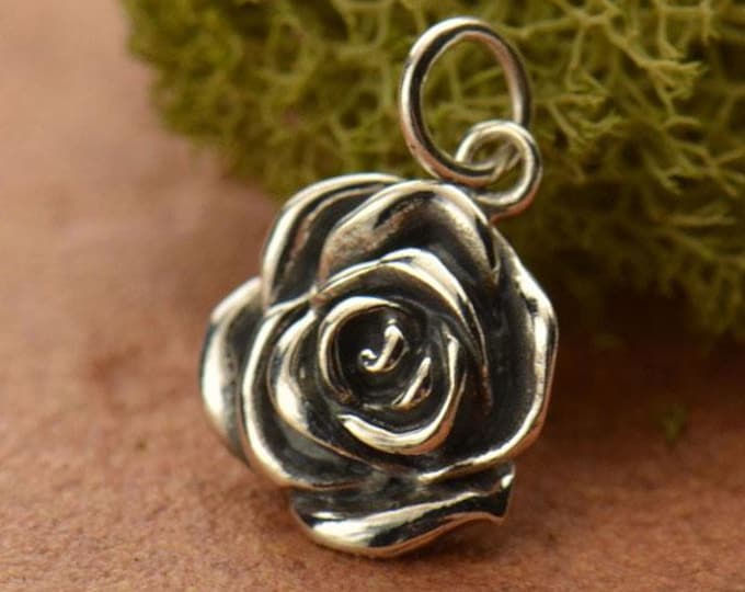 Sterling Silver Rose Charm - Textured 17x11mm