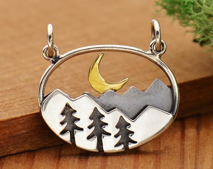 Silver Oval Mountain Pendant with Trees and Moon 18x20mm