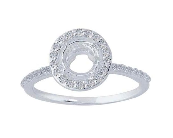 Sterling Silver 6.5mm Round Semi-Mount Halo Engagement Ring Mounting, sz 7