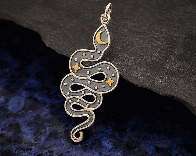 Silver Snake Pendant with Bronze Moon and Stars