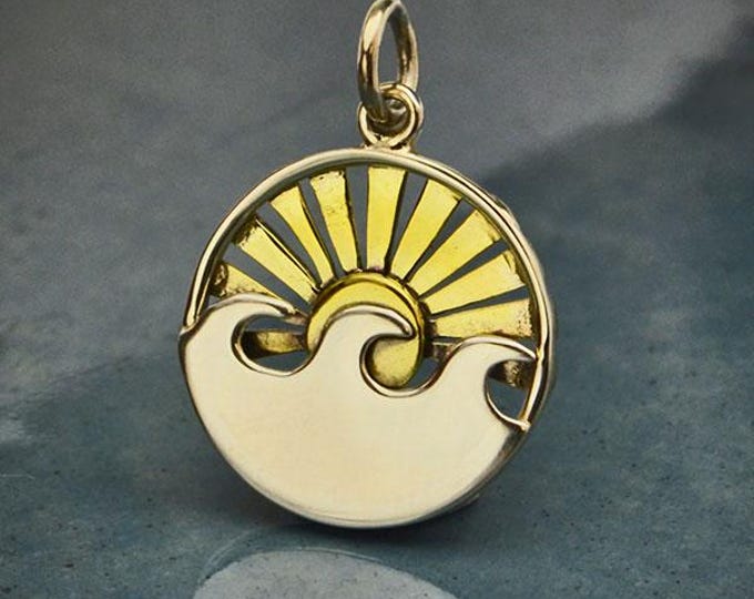 Sterling Silver Wave Charm with Bronze Setting Sun